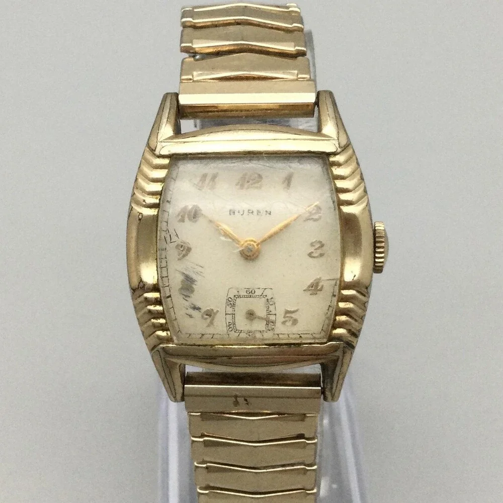 Vintage Buren Tank Mens Watch 27mm 10K RGP Art Deco Stretch Band Manual Wind